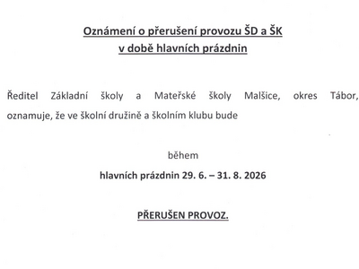 Provoz ŠD a ŠK v době prázdnin