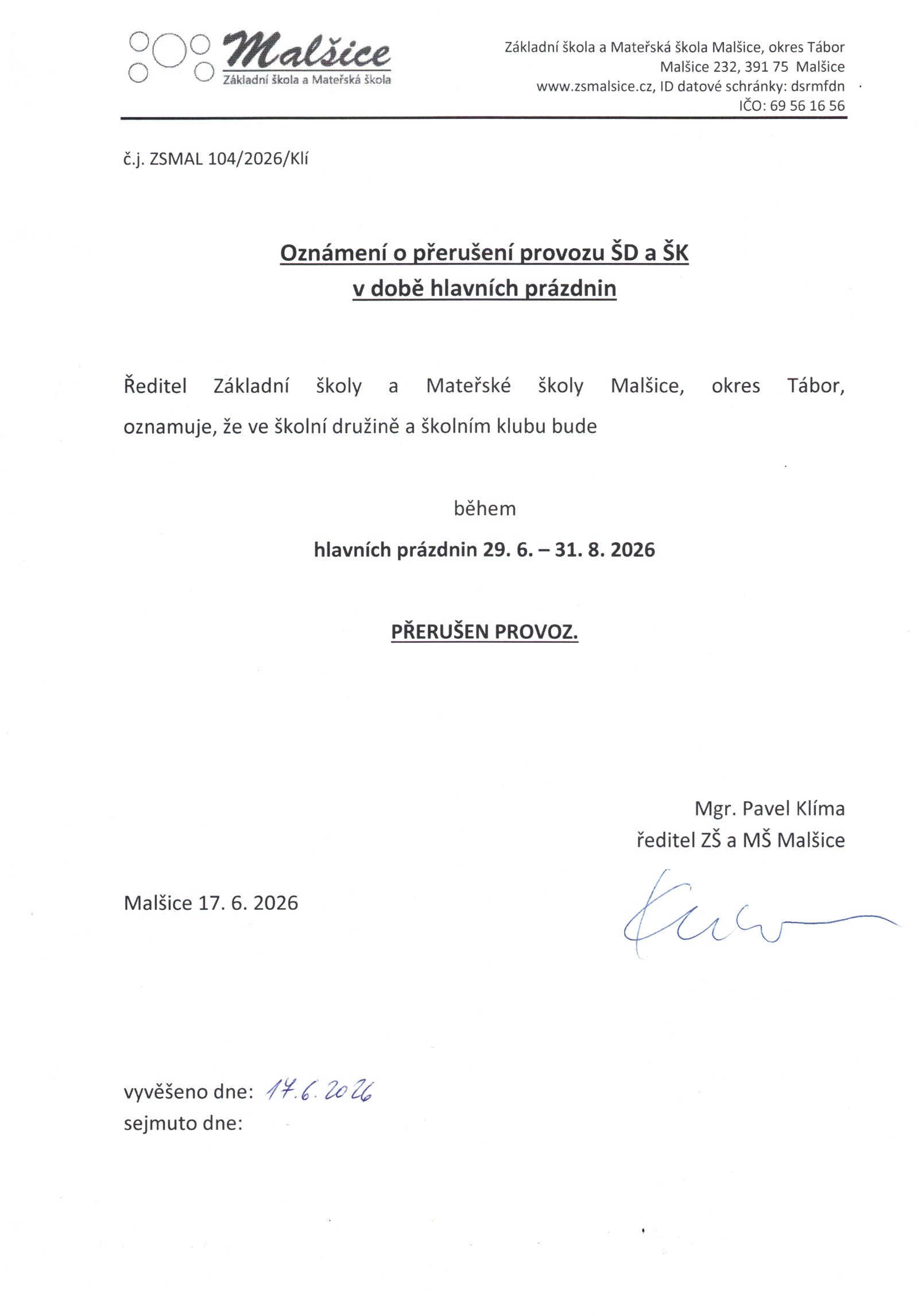 Provoz ŠD a ŠK v době prázdnin