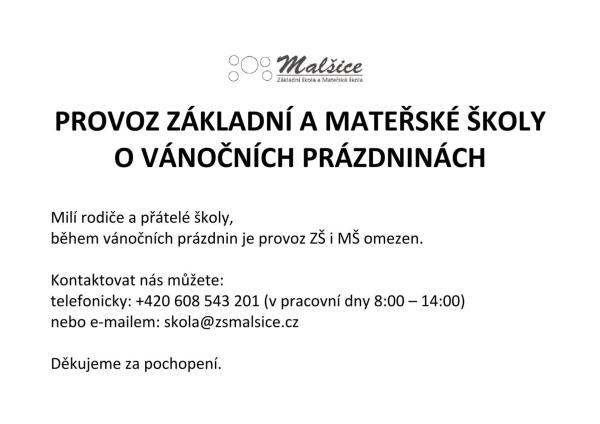 Provoz ZŠ a MŠ o Vánocích