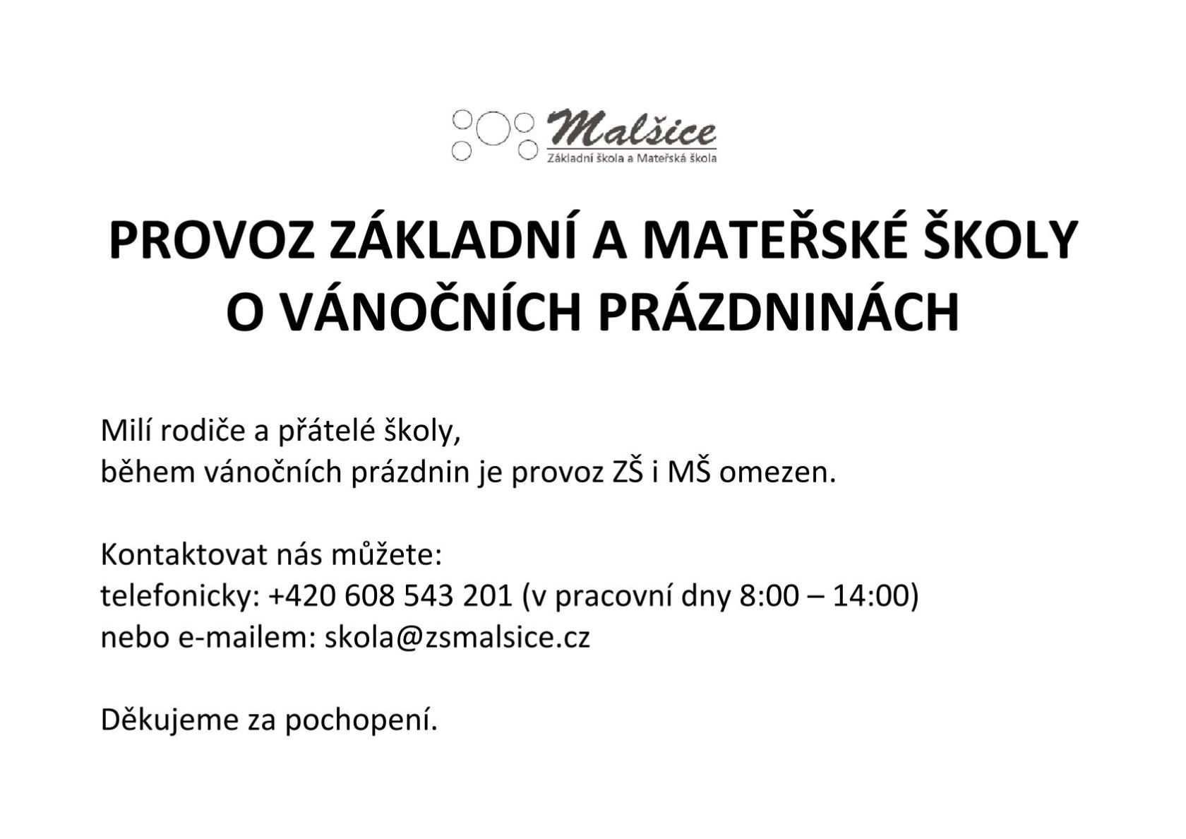 Provoz ZŠ a MŠ o Vánocích