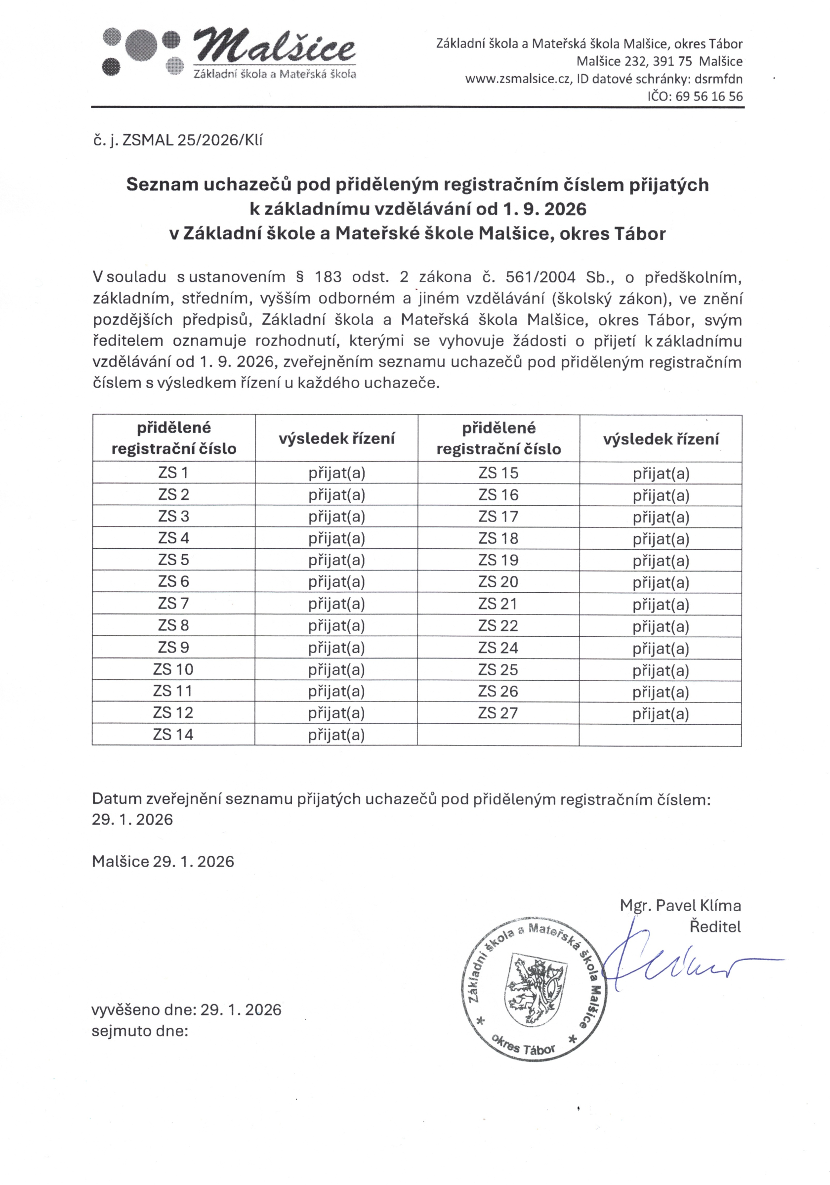 Seznam přijatých uchazečů do ZŠ 2026/2027