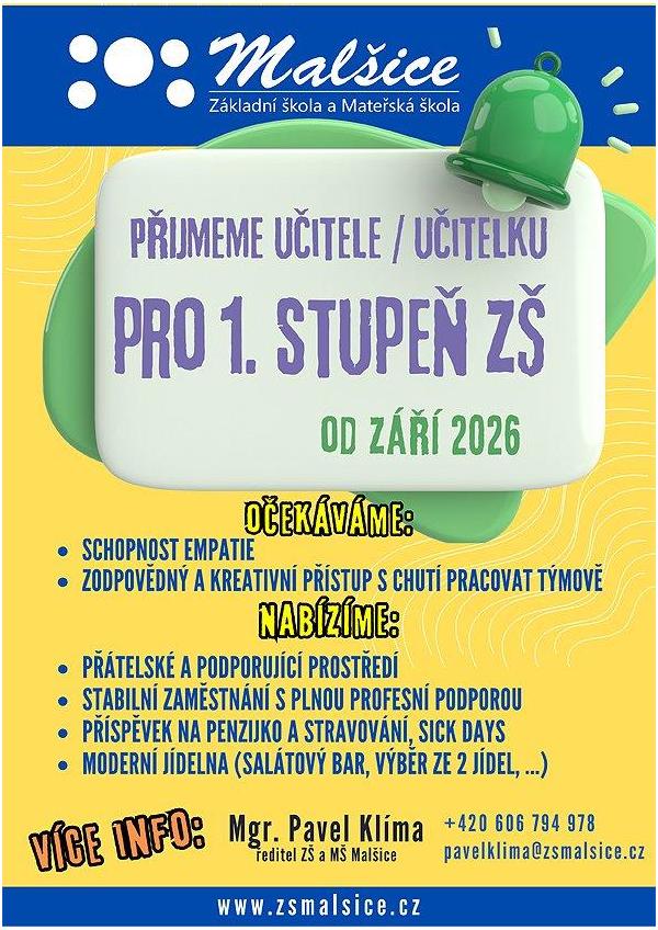 Hledáme učitele/ učitelku pro 1.stupeň ZŠ