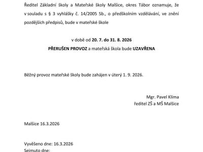 Provoz MŠ o hlavních prázdninách