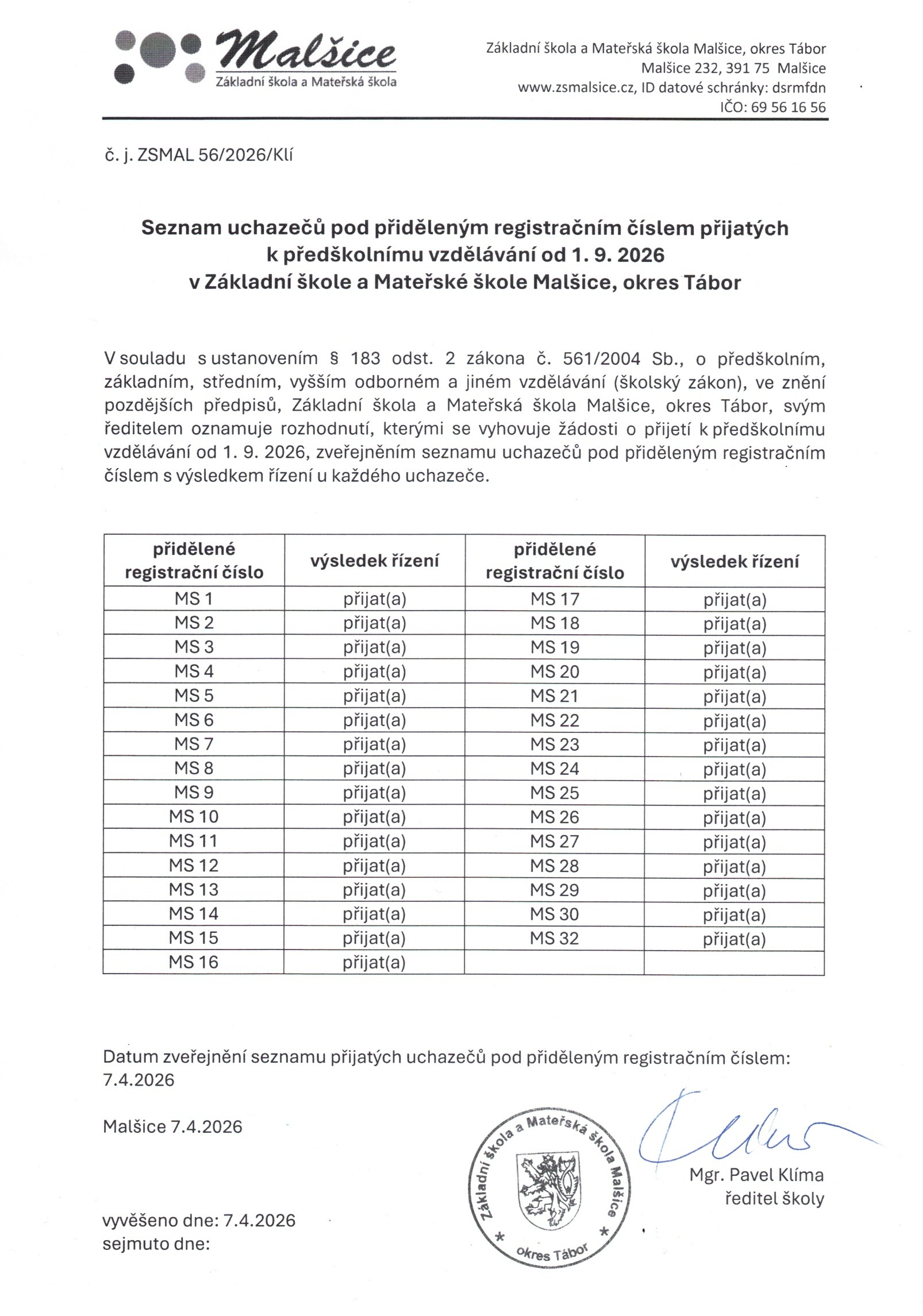 Seznam přijatých uchazečů do MŠ 2026/2027
