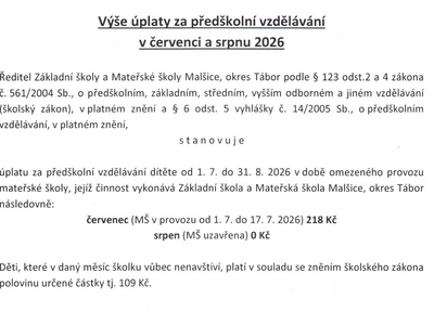 Úplata za MŠ v červenci a srpnu