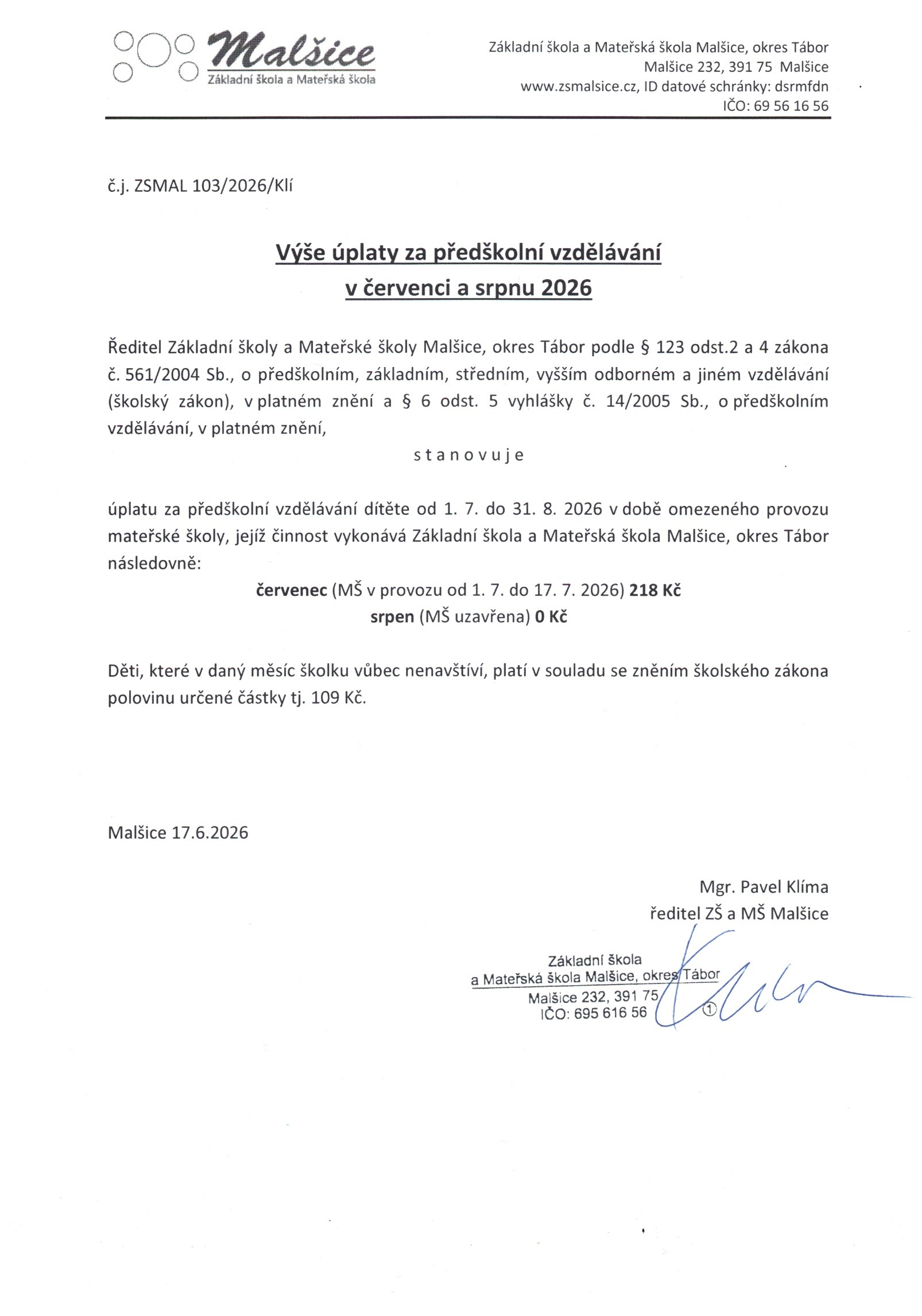 Úplata za MŠ v červenci a srpnu