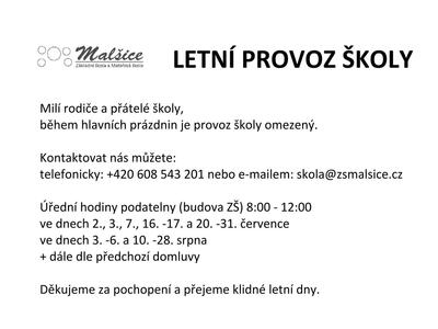 Provoz ZŠ o  hlavních prázdninách
