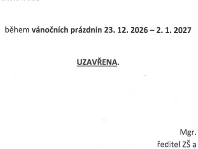 Provoz MŠ v době Vánočních prázdnin 2026