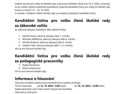 Oznámení  o zveřejnění kandidátních listin pro volbu členů školské rady